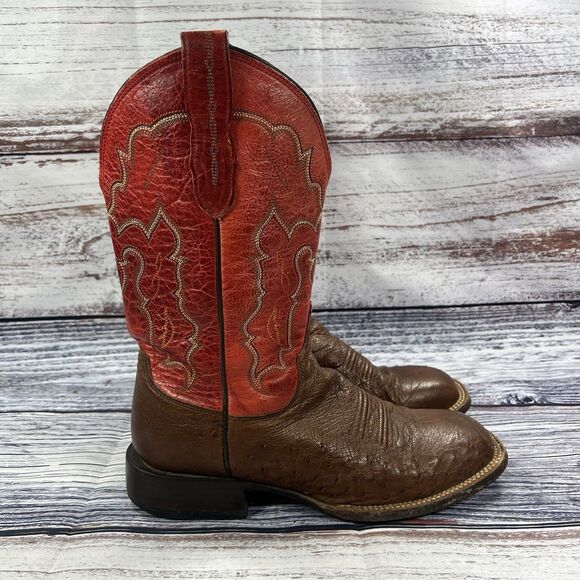 Lucchese Smooth Ostrich Red Brown Leather Square Toe Cowboy Boots M1805 Mens 8.5 - Picture 7 of 12